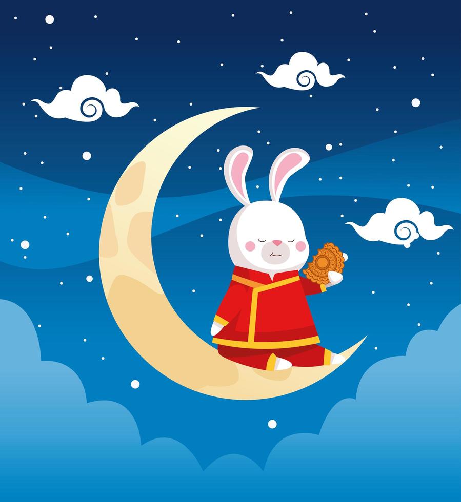 mid autumn celebration card with rabbit in crescent moon scene vector