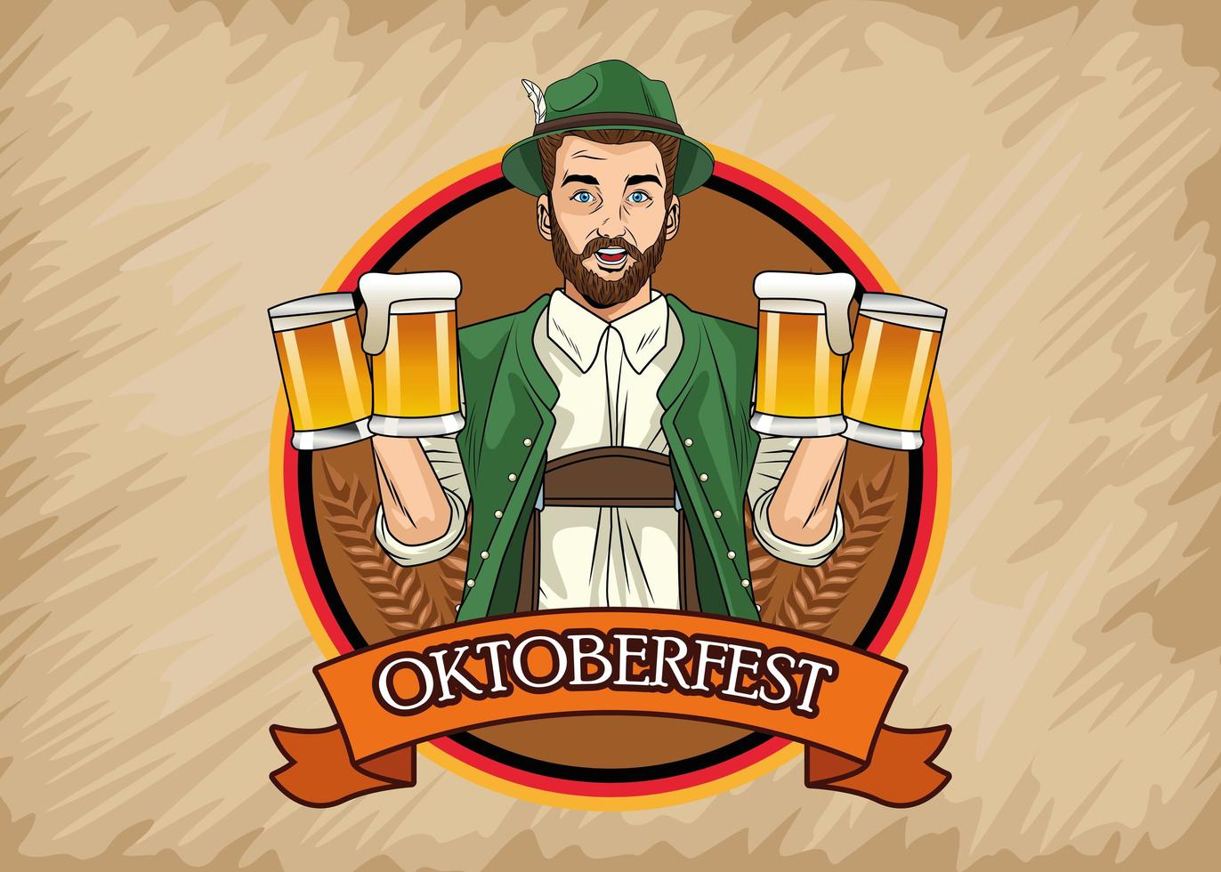 happy oktoberfest celebration card with german man drinking beers in frame vector