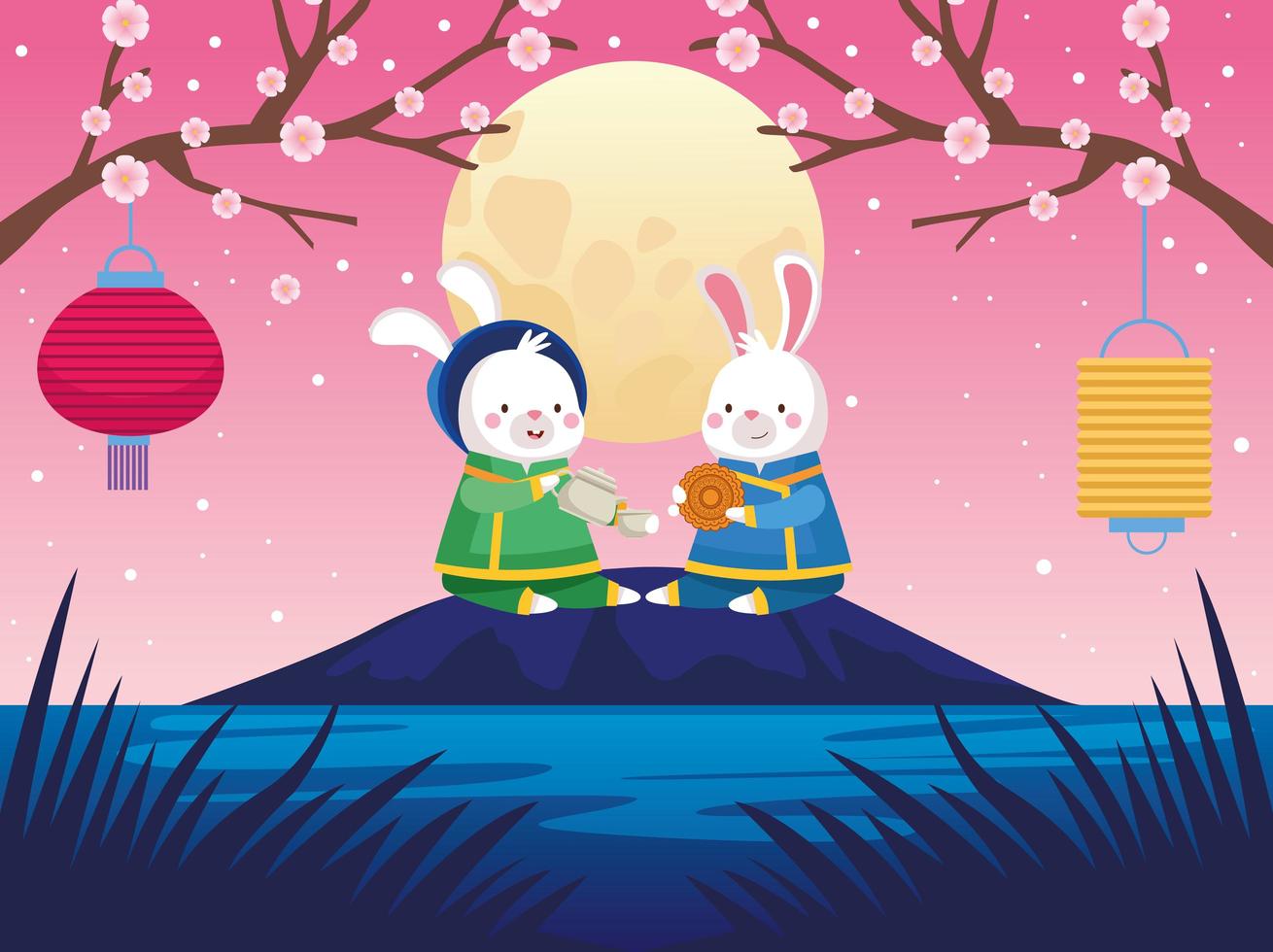 mid autumn celebration card with rabbits couple and fullmoon vector