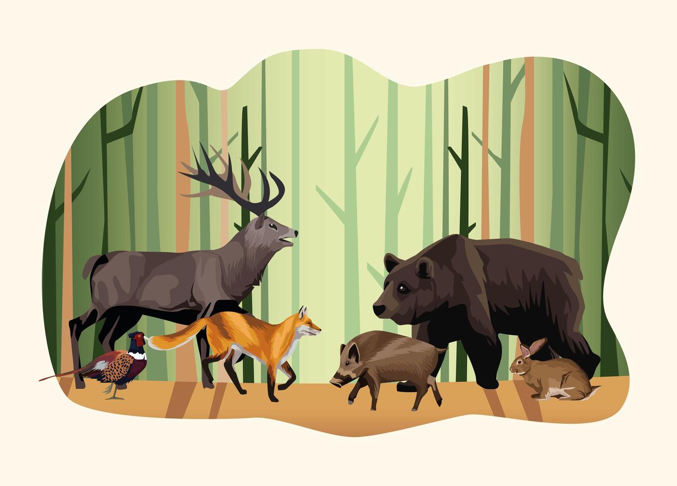 group of animals in the forest scene vector
