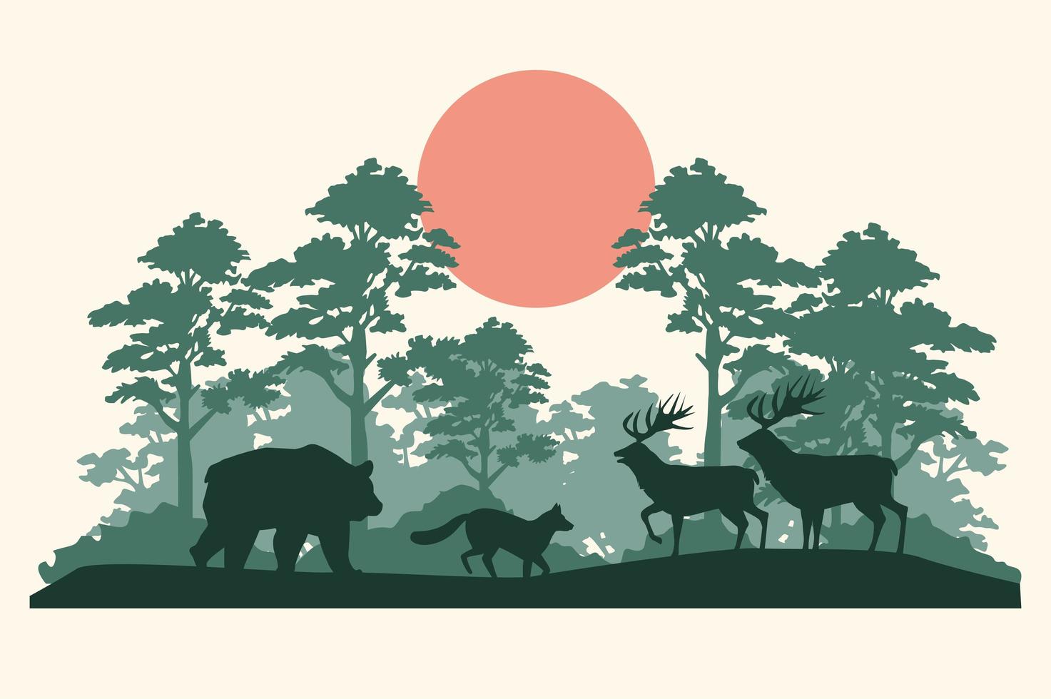 Grupo de siluetas de animales en la selva. vector