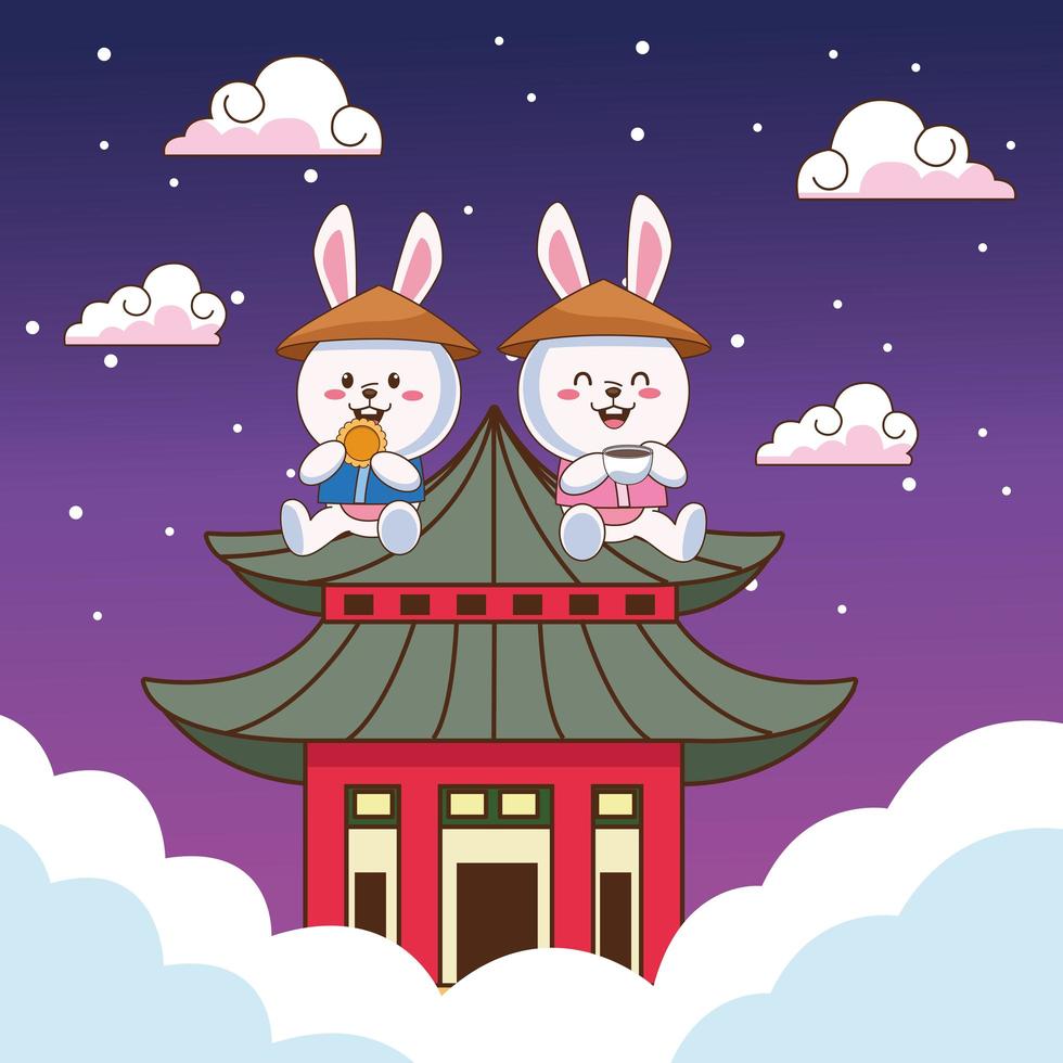 mid autumn celebration card with little rabbits couple and castle in clouds vector