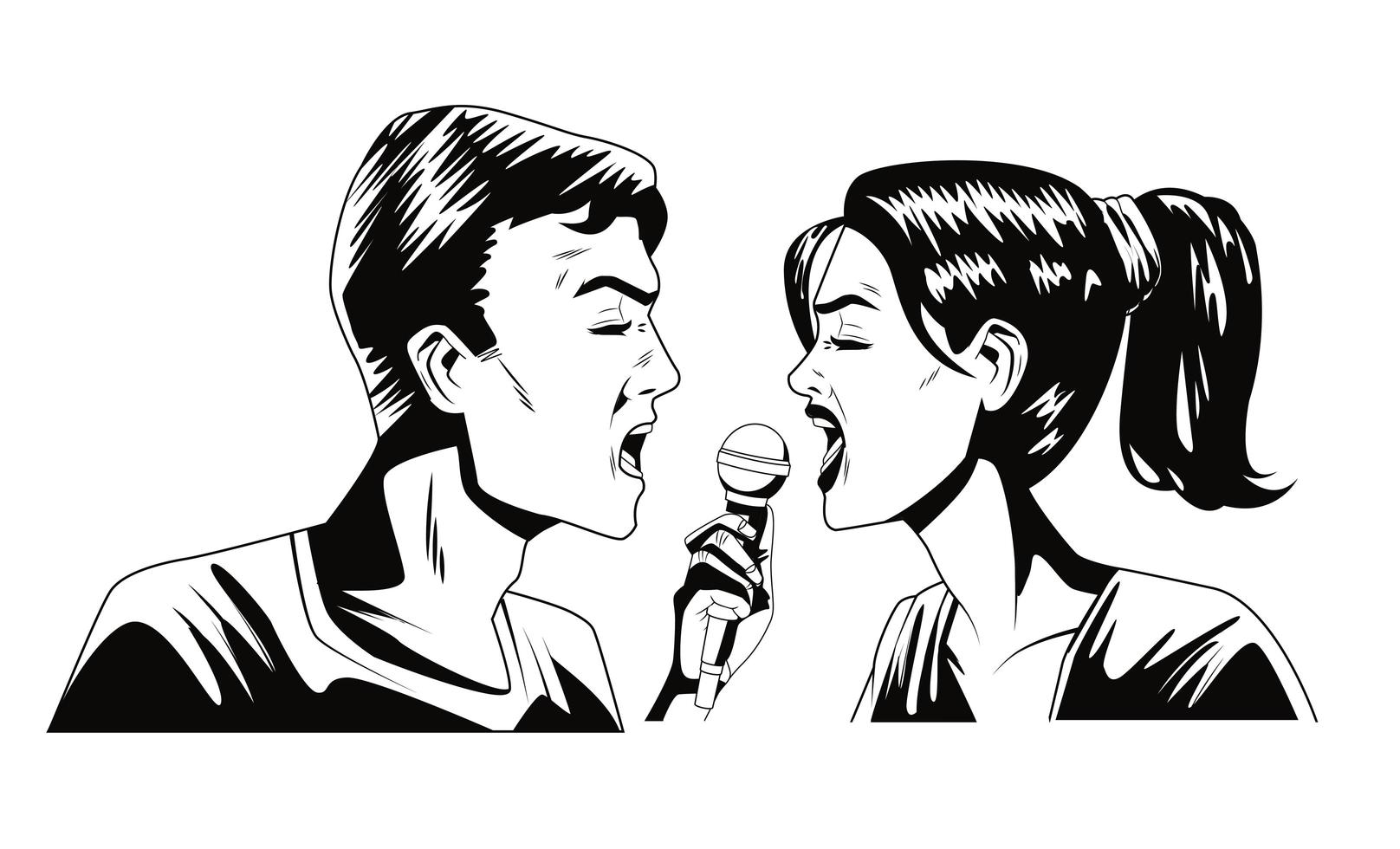 Pareja monocroma cantando con personajes de micrófono estilo pop art vector