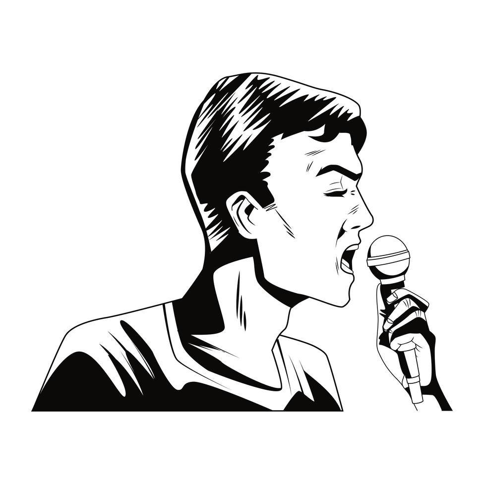 monochrome young man with microphone character pop art style vector