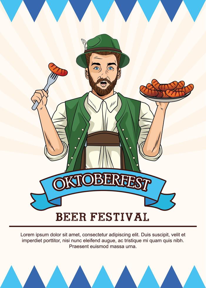 happy oktoberfest celebration card with german man eating sausages vector