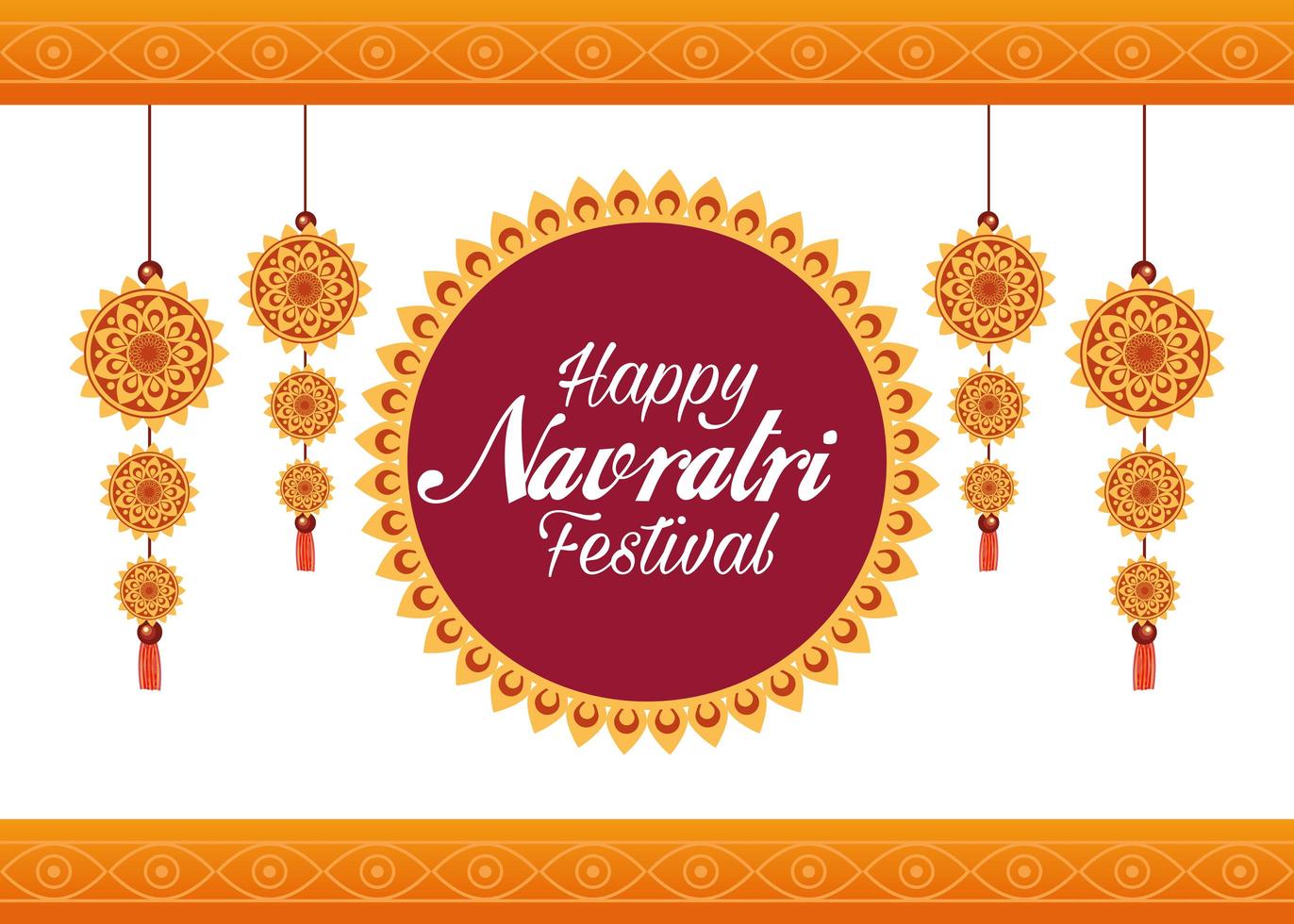 happy navratri celebration card lettering with decorations hanging vector
