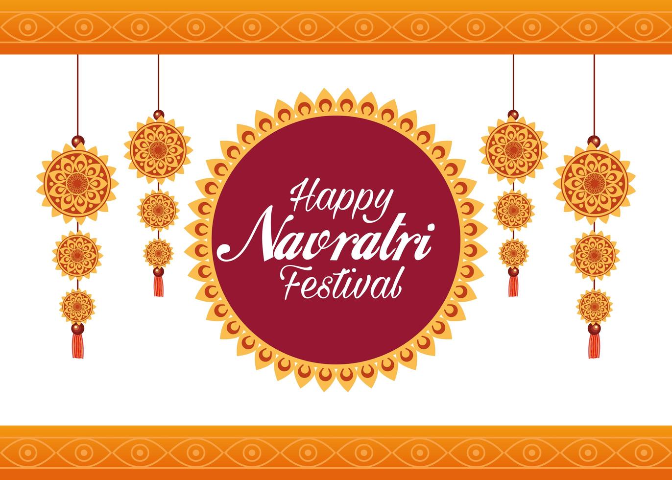 Feliz tarjeta de celebración navratri letras con adornos colgantes vector