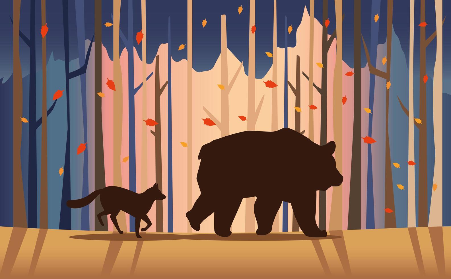 big bear and fox animals in the landscape scene vector