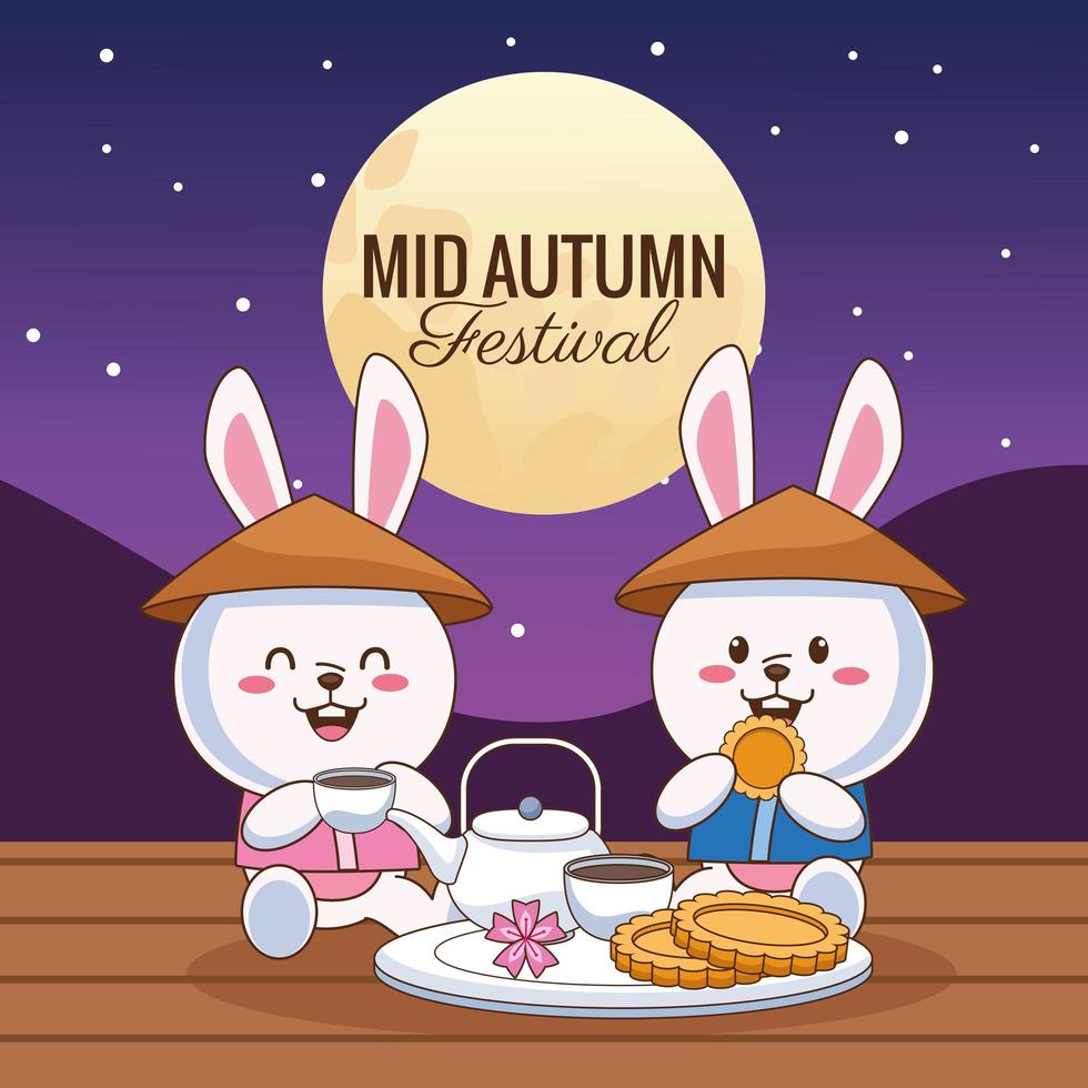 Tarjeta de celebración de mediados de otoño con pareja de conejitos comiendo en la escena nocturna vector