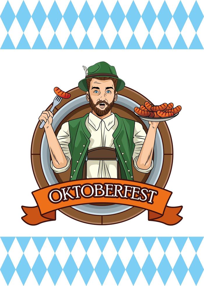 Feliz tarjeta de oktoberfest con hombre alemán comiendo salchichas vector