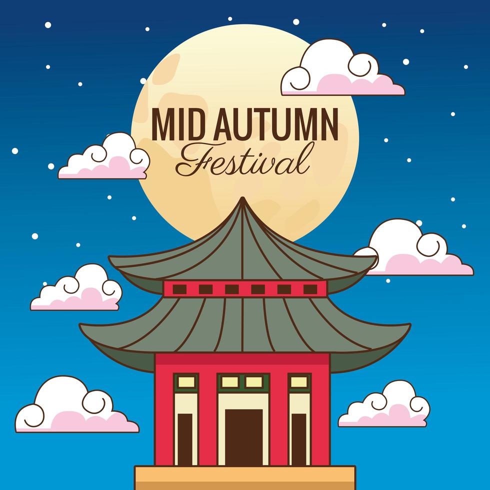 mid autumn celebration card with castle and moon scene vector
