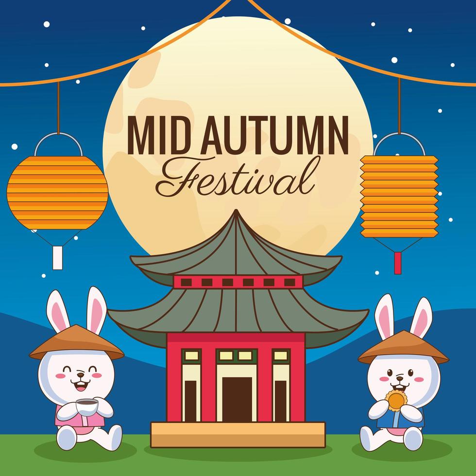 mid autumn celebration card with little rabbits couple and castle at night vector