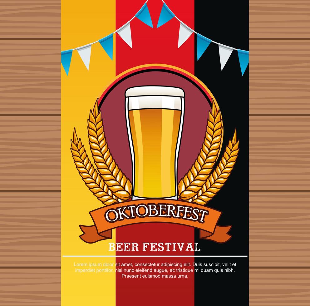 oktoberfest celebration card with beer drink in glass and garlands vector