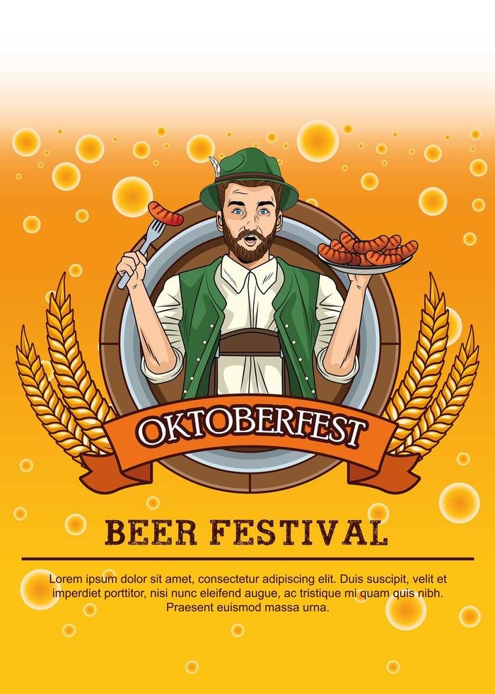 Tarjeta de celebración del oktoberfest con salchichas comiendo hombre alemán vector