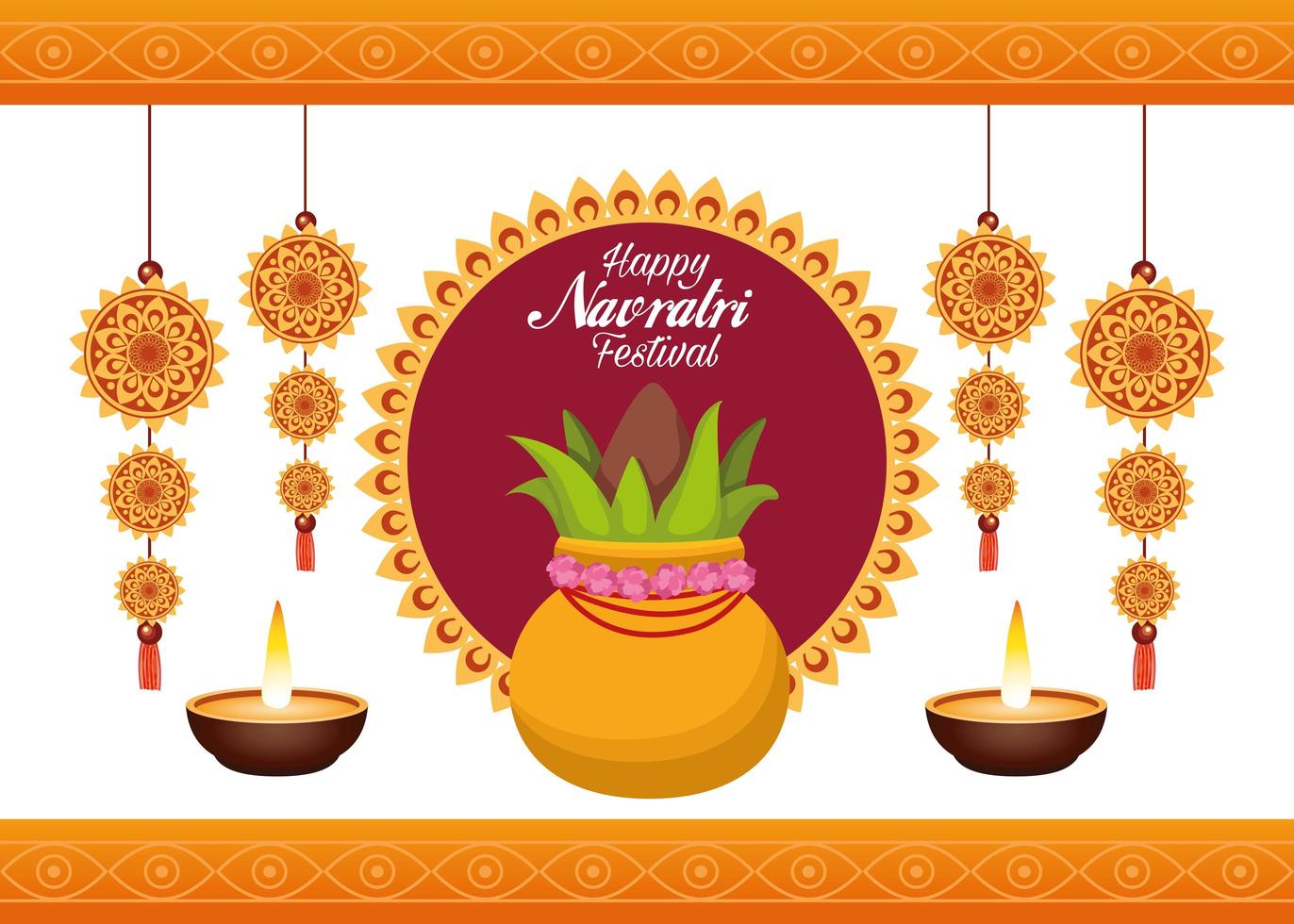 happy navratri celebration card lettering with plant and candles vector