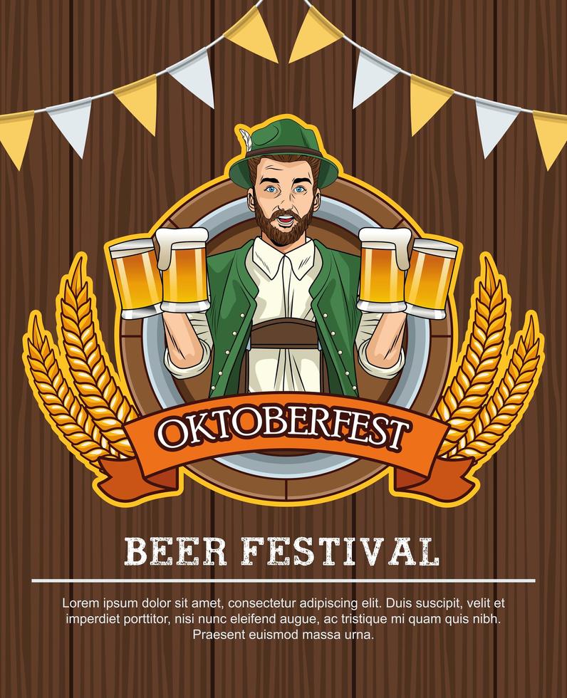 happy oktoberfest celebration card with german man drinking beers in wooden background vector