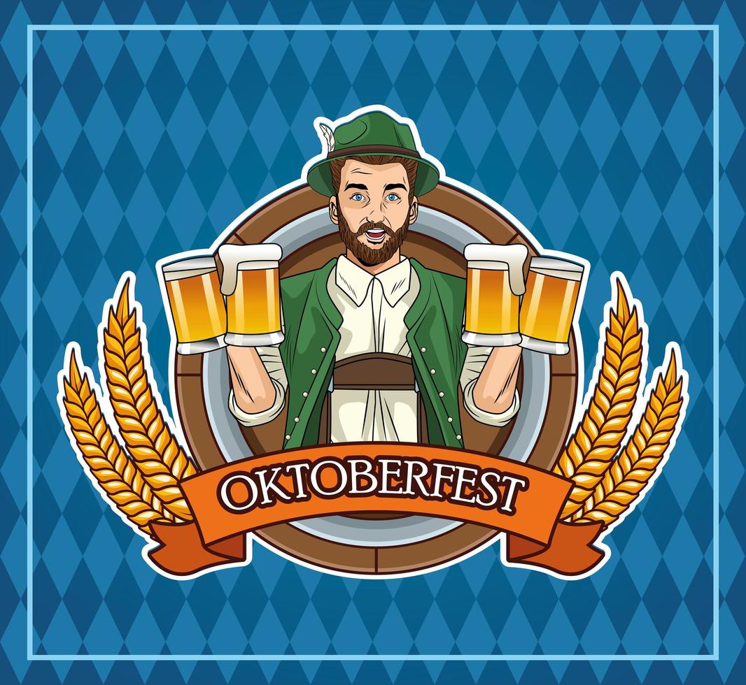 happy oktoberfest celebration card with german man drinking beers and flag vector