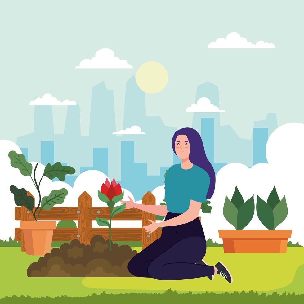 Gardening woman with rose and plants vector design