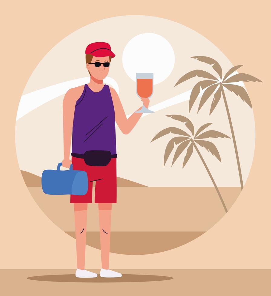 man wearing beach suit drinking cocktail character vector