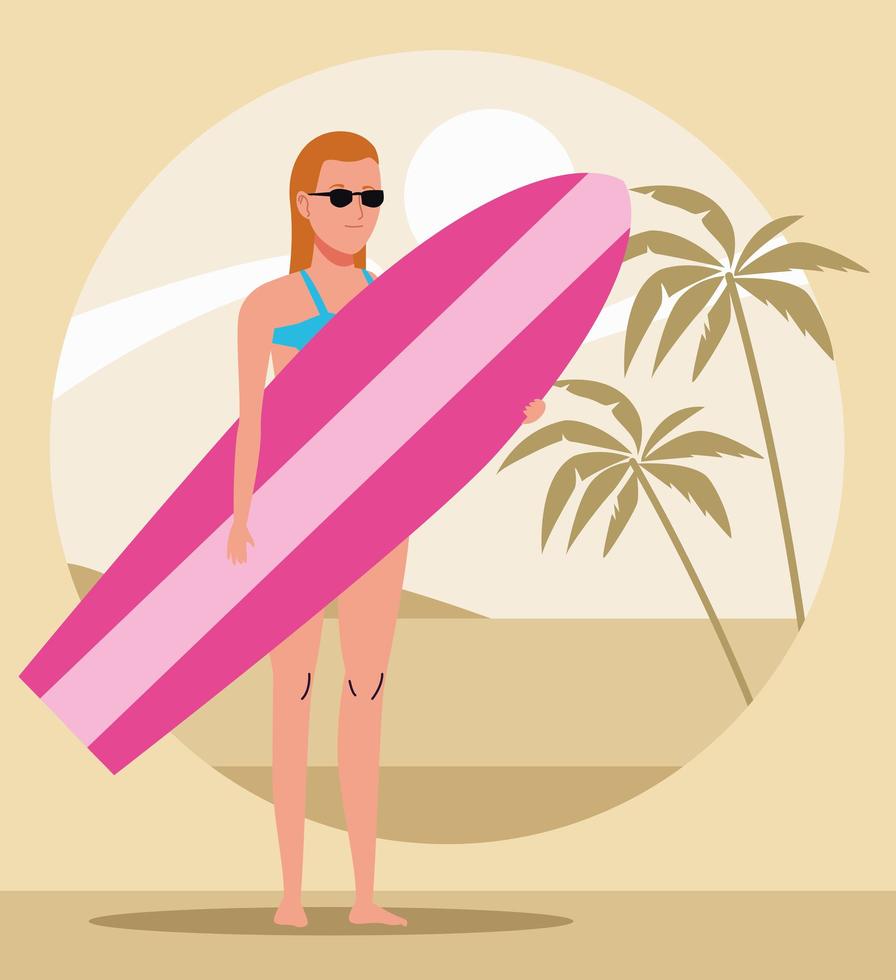 mujer joven, llevando, traje de baño, con, tabla de surf, carácter vector