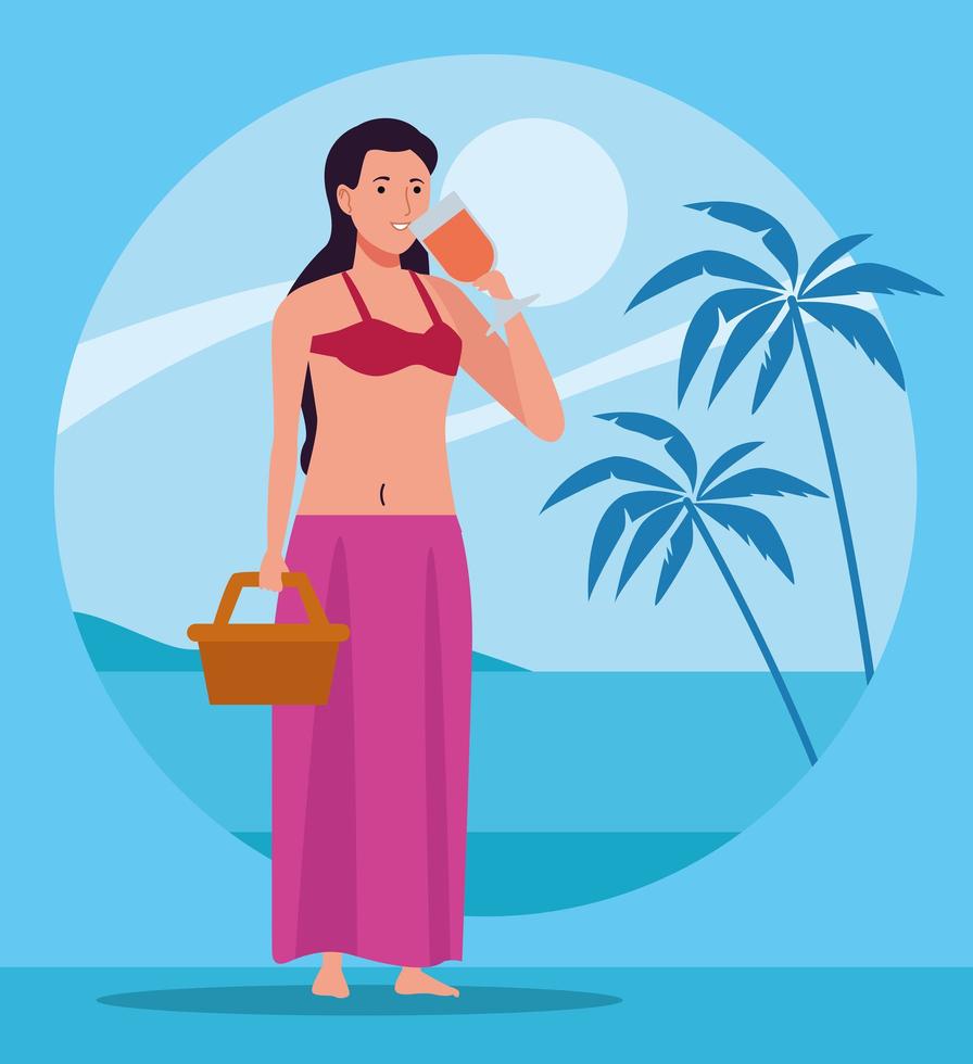 mujer joven, llevando, traje de baño, con, cesta, bebida, cóctel, carácter vector