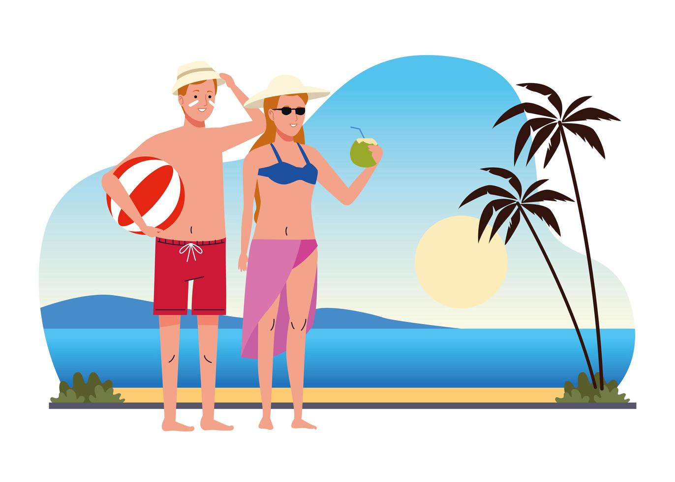 couple wearing swimsuits with coconut cocktail and balloon on the beach scene vector