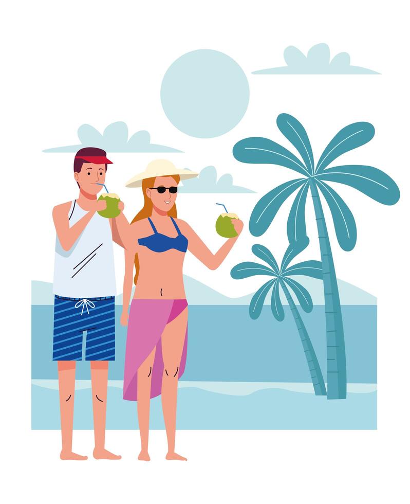 young couple wearing swimsuits drinking coconuts cocktail on the beach scene vector