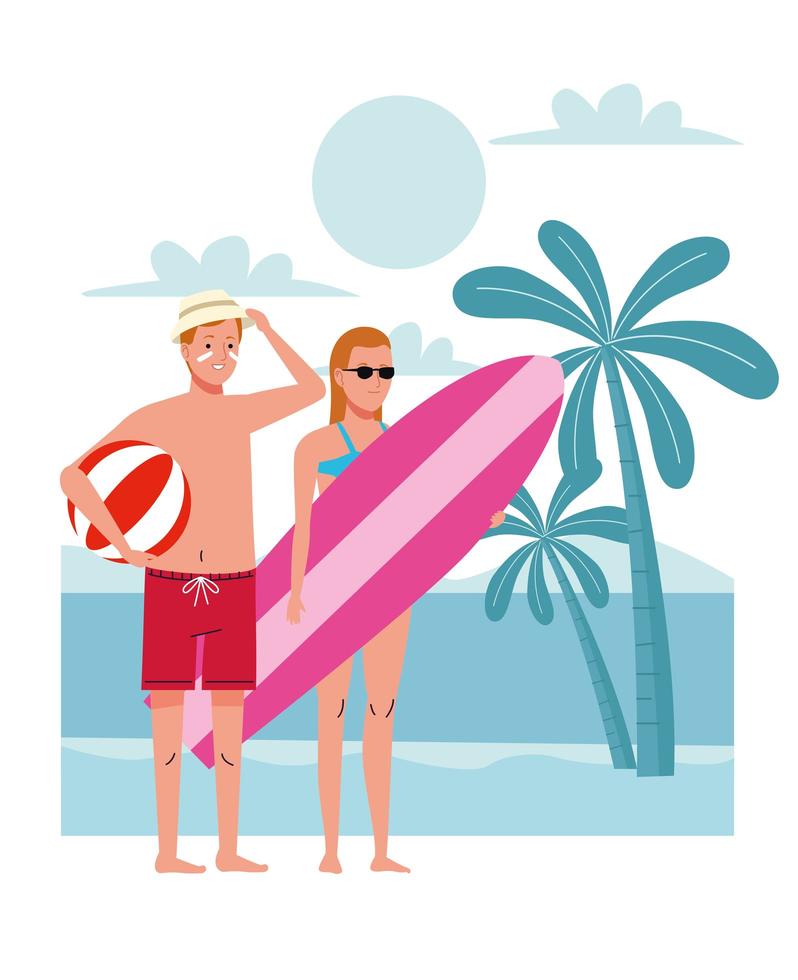 young couple wearing swimsuits with surfboard and balloon on the beach scene vector