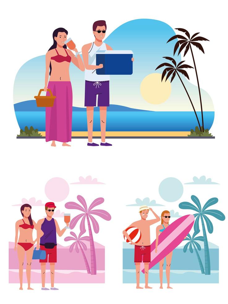 people wearing swimsuits on the beach characters vector