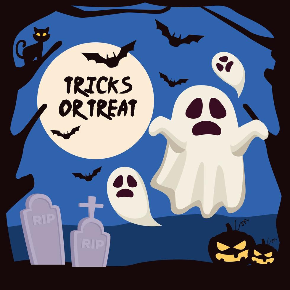 halloween tricks or treat lettering with ghosts and pumpkins in cemetery vector