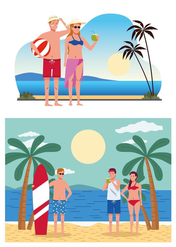 young people wearing swimsuits on the beach scenes vector