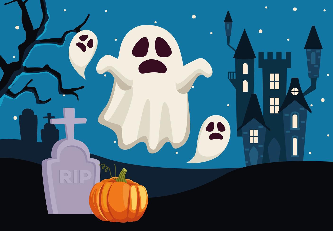 tarjeta de feliz halloween con fantasmas flotando en el cementerio vector