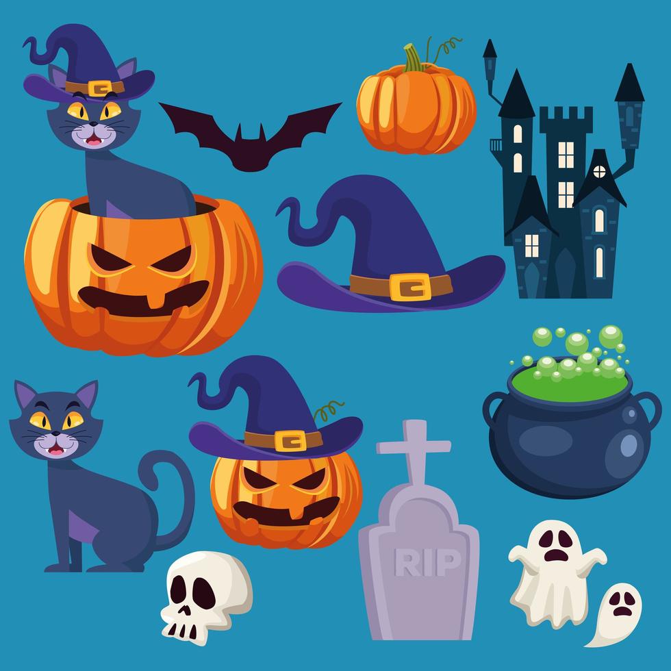 tarjeta de feliz halloween con paquete de iconos de conjunto vector