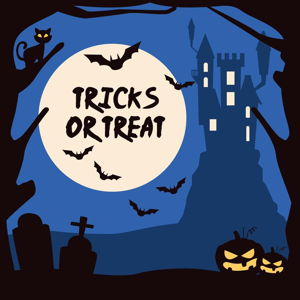 trucos de halloween o trato con letras con castillo vector