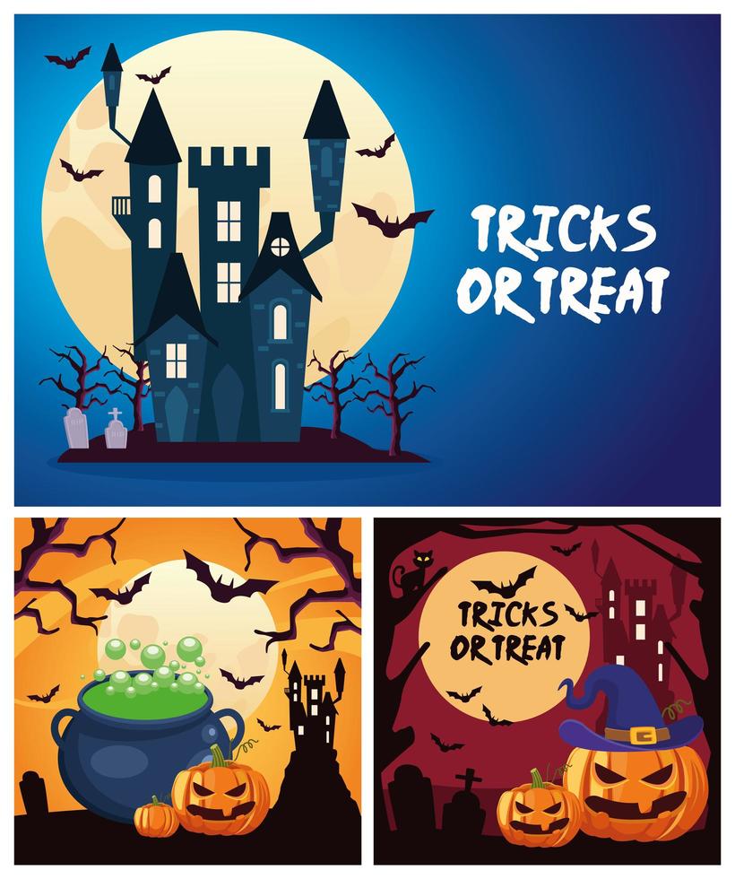 Trucos de Halloween o letras de golosinas con caldero y calabazas en escenas de castillos vector