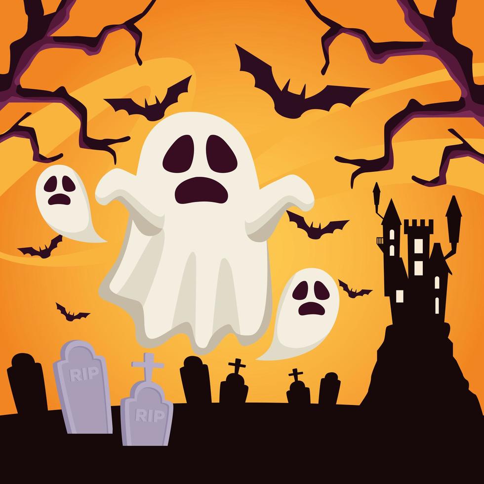 happy halloween card with ghosts floating in cemetery scene vector