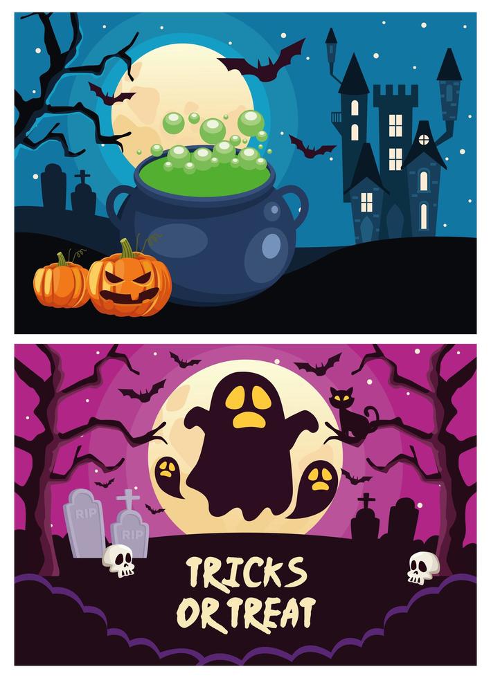 trucos de halloween o letras de golosinas con fantasmas y escenas de castillos vector