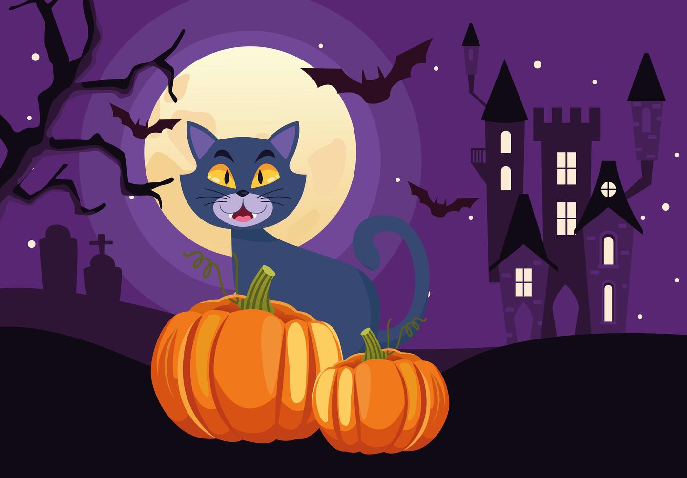 Tarjeta de feliz halloween con gato y calabaza en la escena del castillo vector