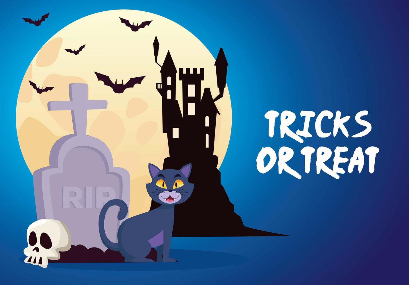 halloween tricks or treat lettering with castle and cat in cemetery vector
