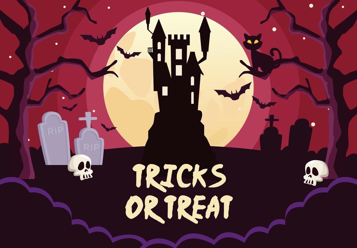 trucos de halloween o tratar letras con castillo en el cementerio vector