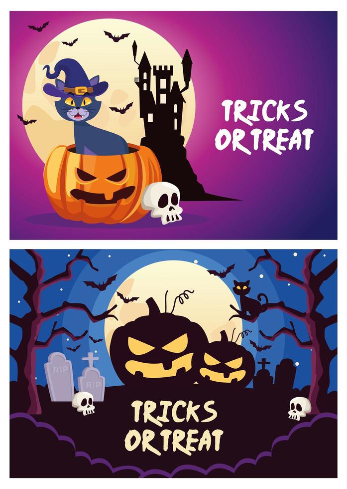 halloween tricks or treat lettering with cat and pumpkin in cemetery scenes vector