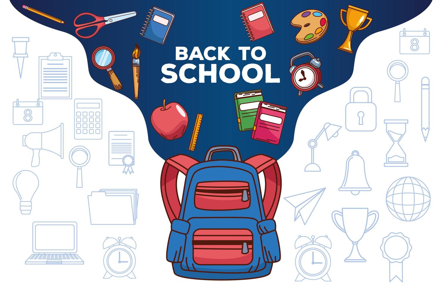 back to school lettering with schoolbag and set icons vector