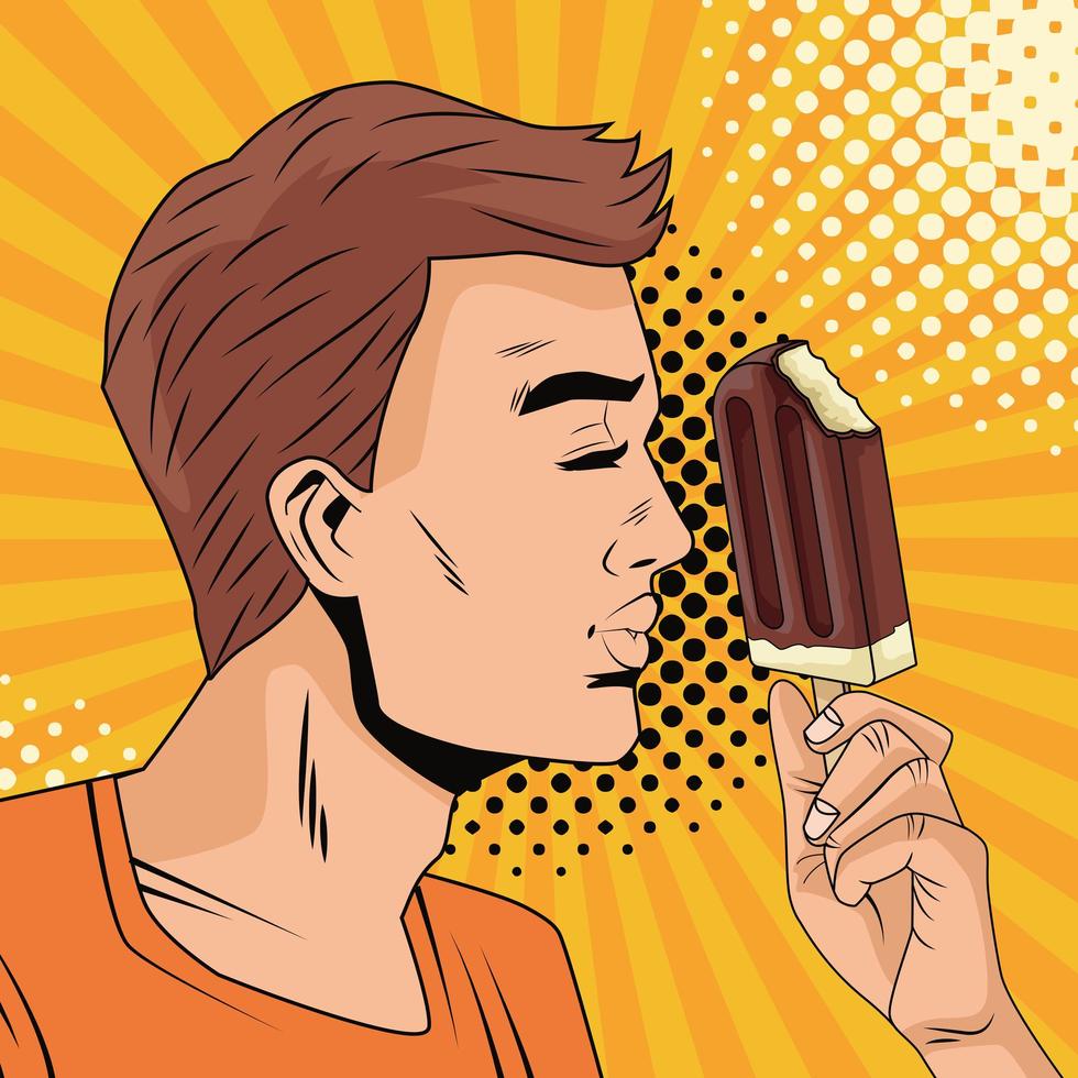 young man eating ice cream character pop art style vector