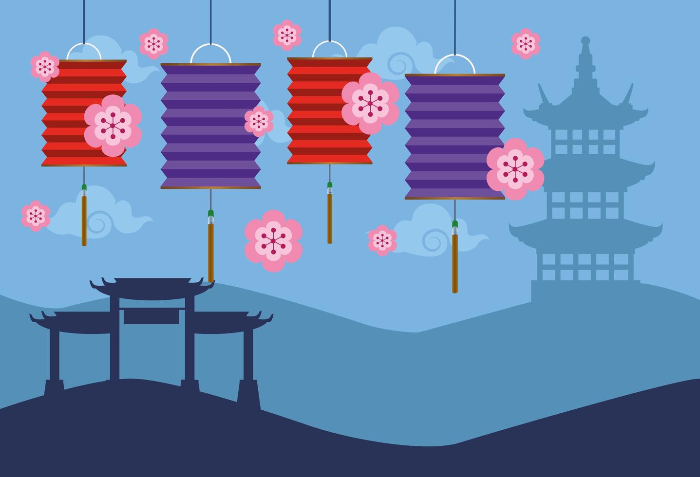 happy mid autumn festival card with lanterns hanging vector
