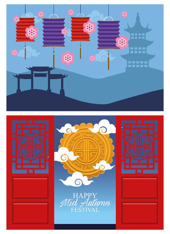 happy mid autumn festival card with lanterns hanging vector