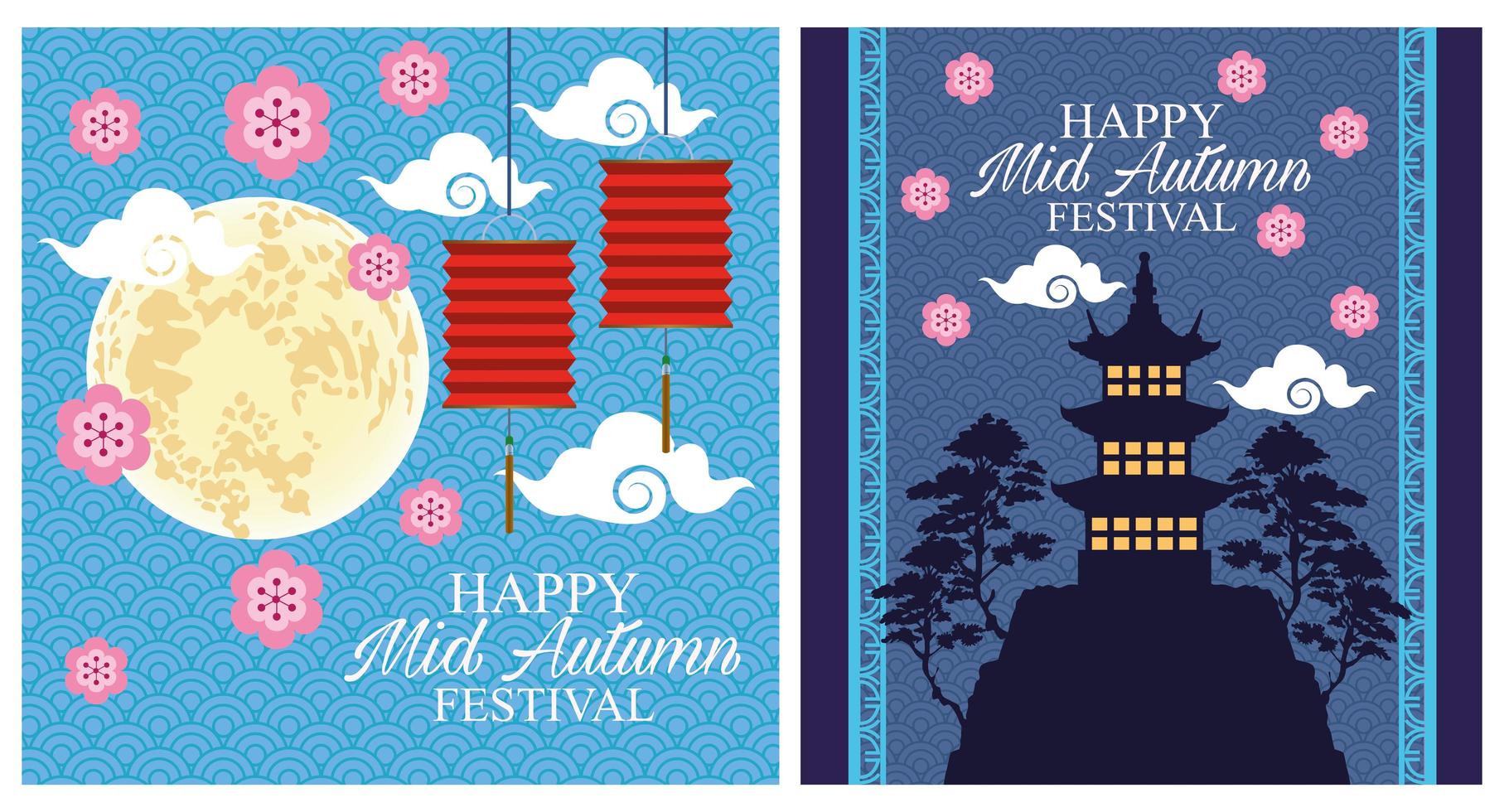 happy mid autumn festival card with lanterns hanging and moon with castle vector