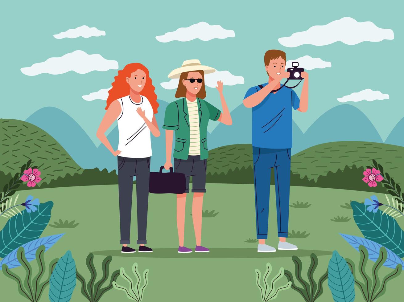 turistas gente de pie con cámara fotográfica en los personajes del paisaje vector