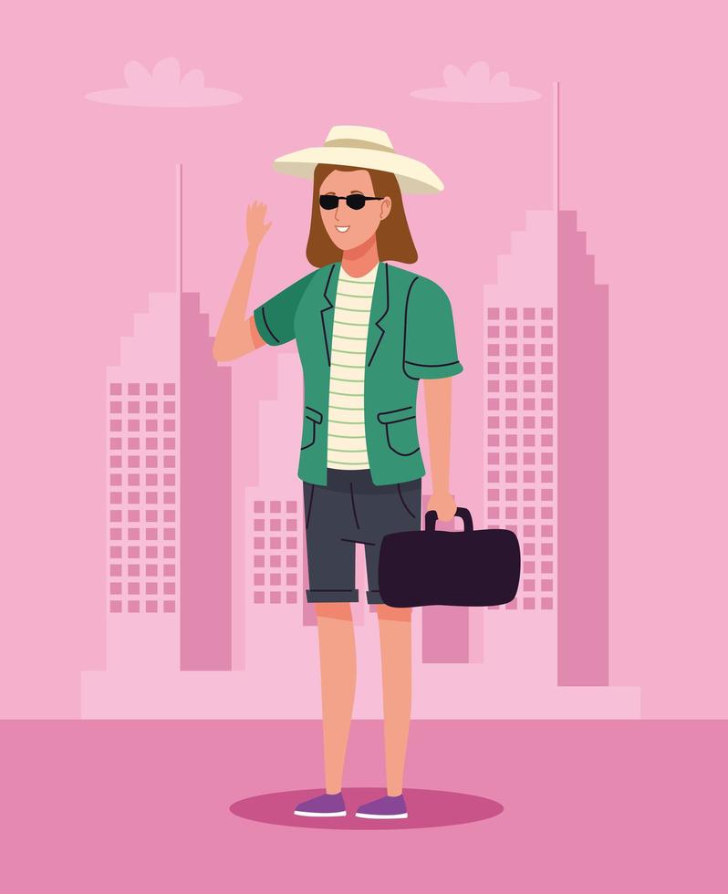 tourist woman standing with hat and handbag on the city character vector