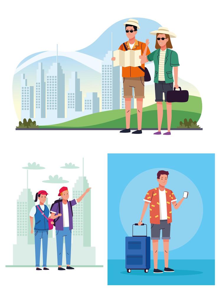 tourists people group with papermap and suitcase scenes characters vector