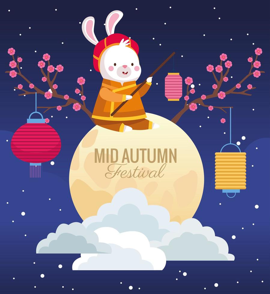 mid autumn card with rabbit in fullmoon scene vector